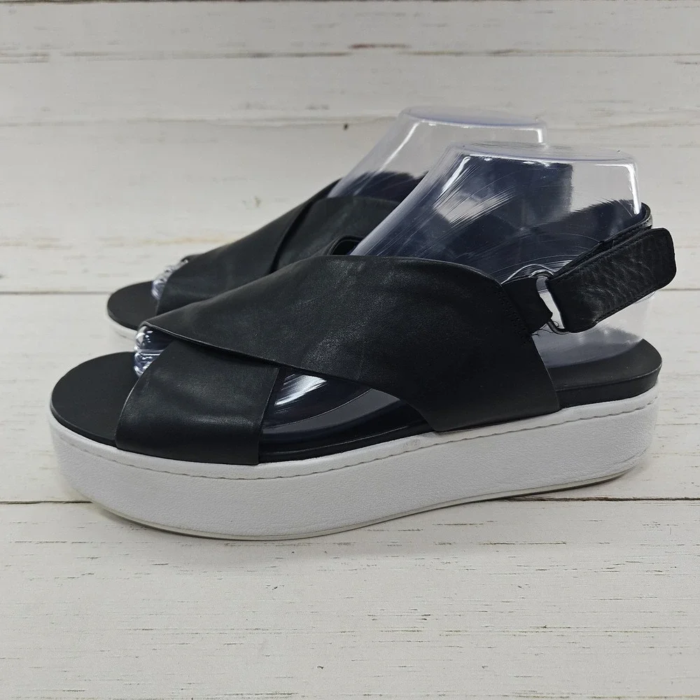Vince Weslan Platform Sandals Shoes Womens 8 Black Leather Slingback Wedge Cross